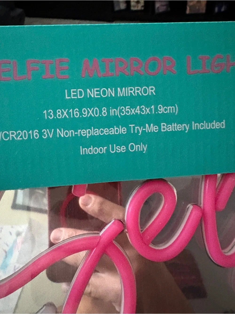 Round Wall Mirror with Pink 'Selfie' Neon Accent